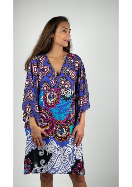 MARINE V Yaka Kimono Kollu Kısa Viskon Elbise