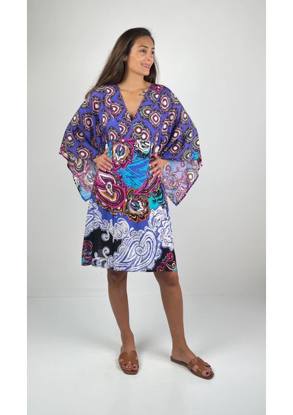 MARINE V Yaka Kimono Kollu Kısa Viskon Elbise