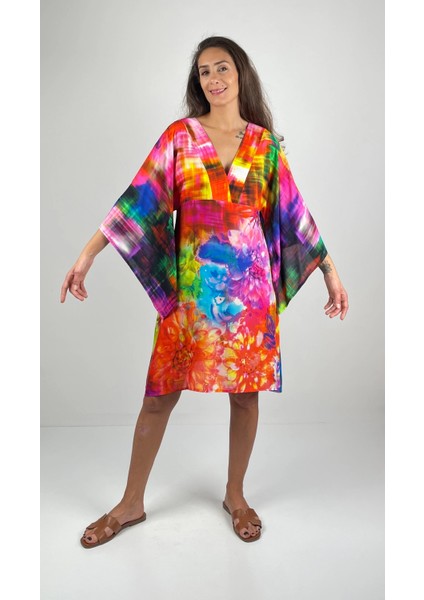 MARINE V Yaka Kimono Kollu Kısa Viskon Elbise fiyatları