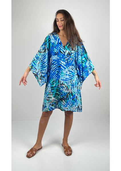 MARINE V Yaka Kimono Kollu Kısa Viskon Elbise