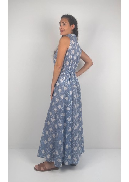 SOPHIA DRESS Gömlek Yaka Sıfır Kol Kemerli Desenli El Baskısı Uzun Elbise