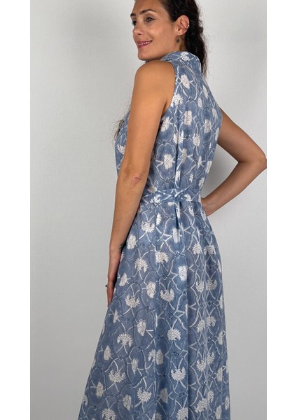 SOPHIA DRESS Gömlek Yaka Sıfır Kol Kemerli Desenli El Baskısı Uzun Elbise