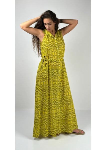 SOPHIA DRESS Gömlek Yaka Sıfır Kol Kemerli Desenli El Baskısı Uzun Elbise modelleri