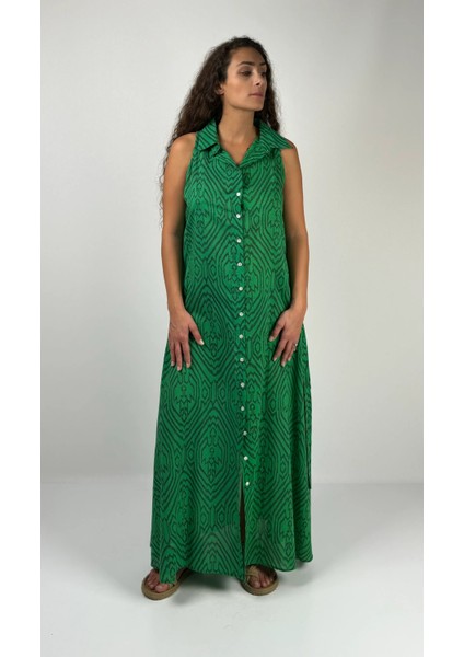 SOPHIA DRESS Gömlek Yaka Sıfır Kol Kemerli Desenli El Baskısı Uzun Elbise