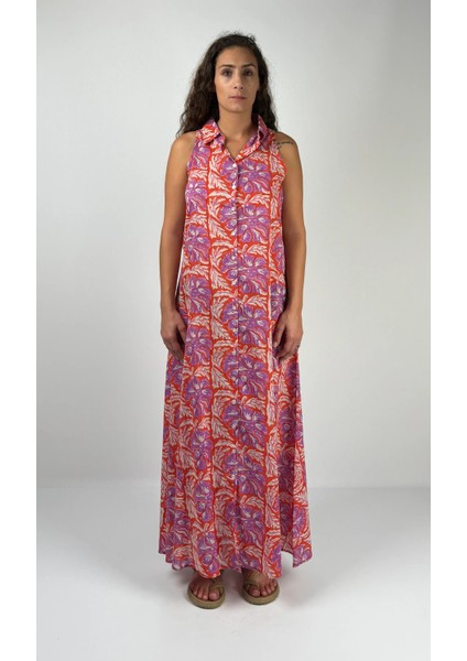 SOPHIA DRESS Gömlek Yaka Sıfır Kol Kemerli Desenli El Baskısı Uzun Elbise modelleri