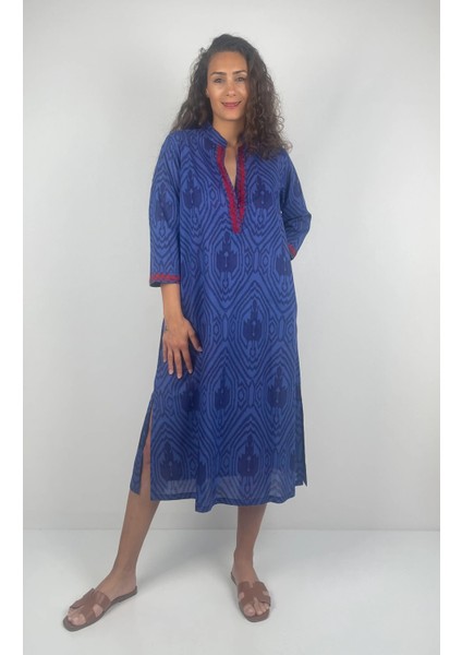 LONG TULULA Nakışlı V Yaka Desenli El Baskısı Midi Boy Elbise