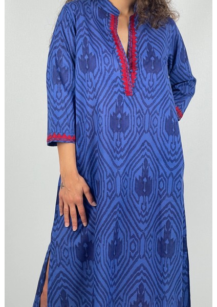 LONG TULULA Nakışlı V Yaka Desenli El Baskısı Midi Boy Elbise fiyatları