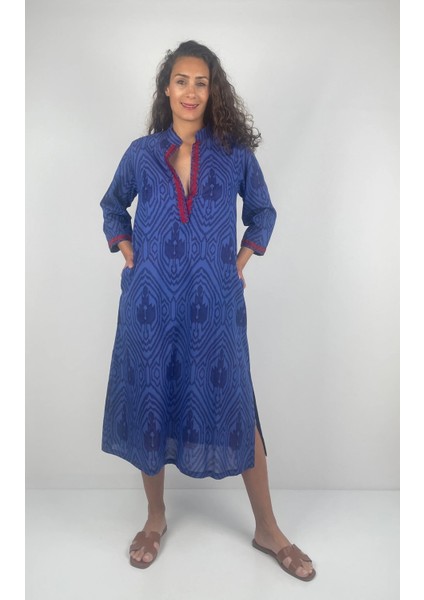 LONG TULULA Nakışlı V Yaka Desenli El Baskısı Midi Boy Elbise modelleri