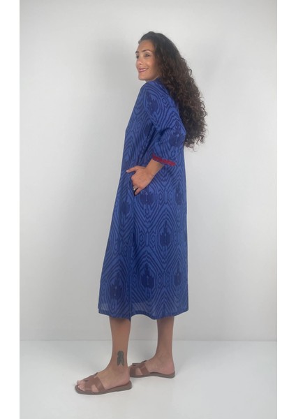 LONG TULULA Nakışlı V Yaka Desenli El Baskısı Midi Boy Elbise fırsatları