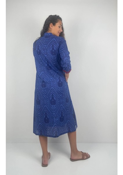 LONG TULULA Nakışlı V Yaka Desenli El Baskısı Midi Boy Elbise indirimleri