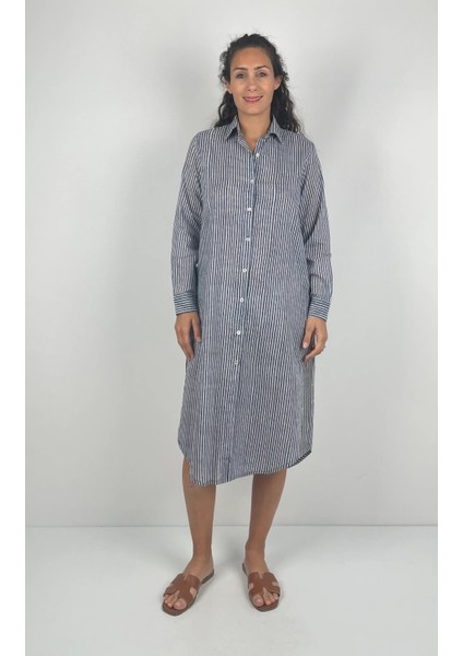 PRIMA Gömlek Yaka Uzun Kol Desenli Yırtmaçlı Düğmeli El Baskısı Uzun Gömlek