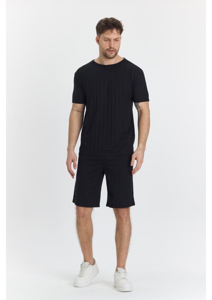 Erkek Çizgli Polycotton T-Shirt Şort Ikili Takım Siyah 5734-S