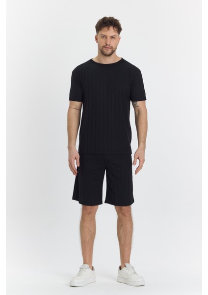 Erkek Çizgli Polycotton T-Shirt Şort Ikili Takım Siyah 5734-S fiyatları