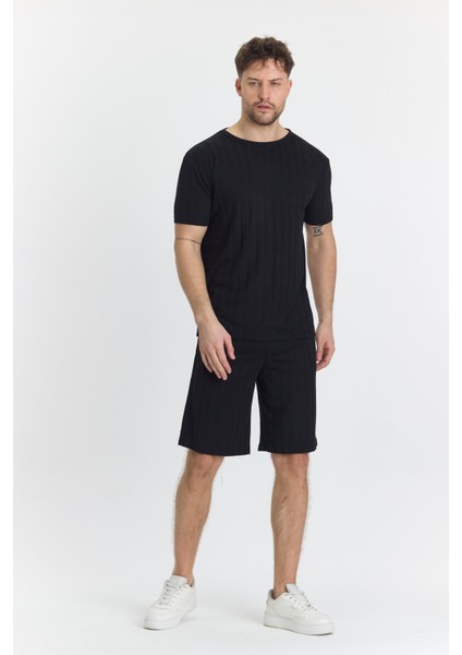 Erkek Çizgli Polycotton T-Shirt Şort Ikili Takım Siyah 5734-S modelleri