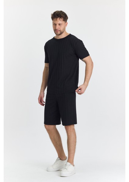 Erkek Çizgli Polycotton T-Shirt Şort Ikili Takım Siyah 5734-S fırsatları
