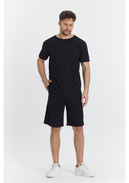 Erkek Çizgli Polycotton T-Shirt Şort Ikili Takım Siyah 5734-S indirimleri