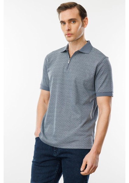 Erkek Fermuarlı Jakarlı T-Shirt Füme