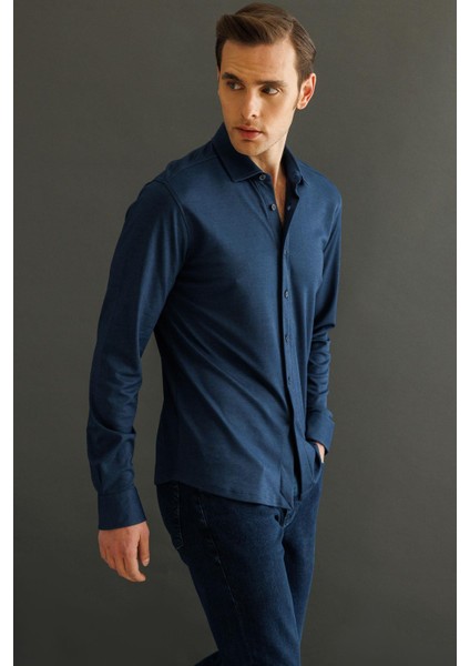 Erkek Uzun Kol Manşetli Gömlek Petrol