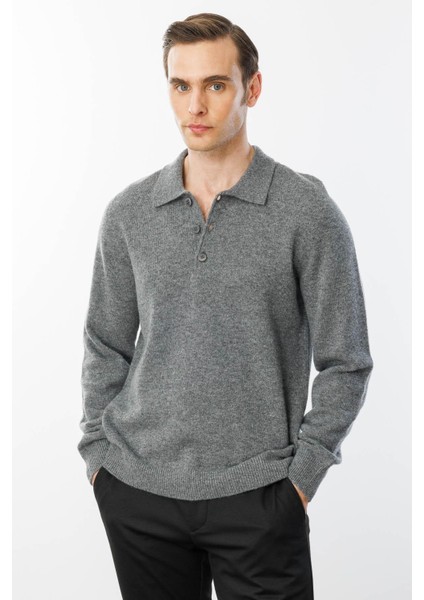 Erkek Polo Yaka Basic Yün Kazak Füme