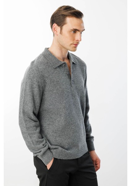 Erkek Polo Yaka Basic Yün Kazak Füme modelleri