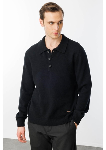 Erkek Polo Yaka Basic Yün Kazak Siyah