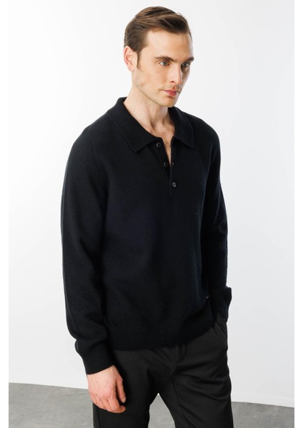 Erkek Polo Yaka Basic Yün Kazak Siyah fiyatları