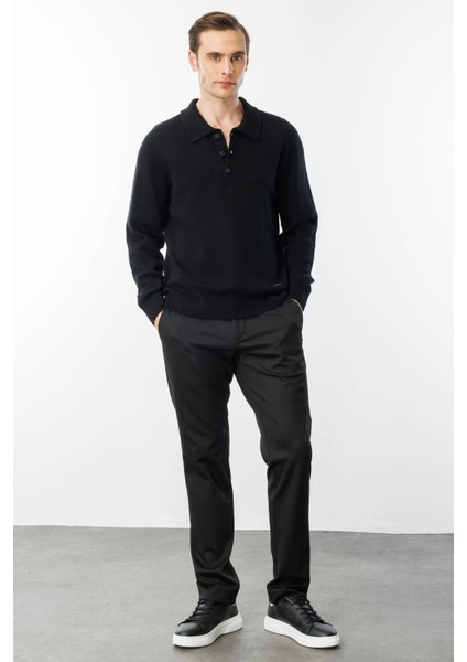 Erkek Polo Yaka Basic Yün Kazak Siyah modelleri