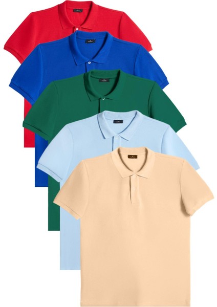 Erkek 5'li Pkt Kırmızı-Saks Mavi-Zümrüt Yeşili-Mavi-Bej Slim Fit Pamuklu Düz Pike Polo Yaka Tişört