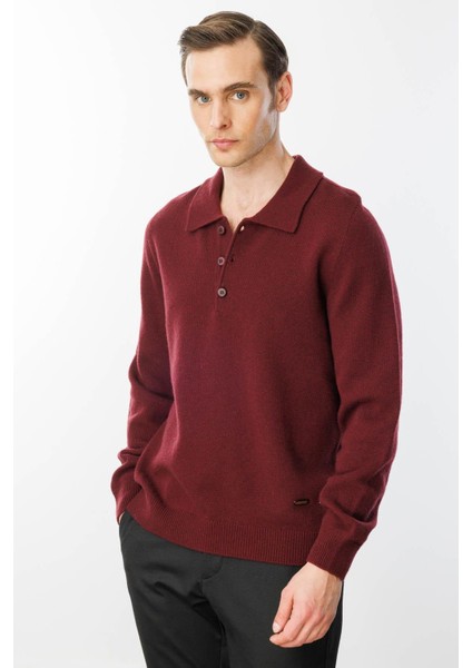 Erkek Polo Yaka Basic Yün Kazak Bordo modelleri