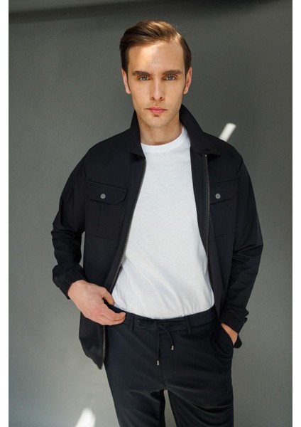 Erkek Polo Yaka Göğsü Cepli Mont Siyah