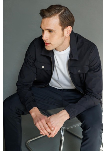 Erkek Polo Yaka Göğsü Cepli Mont Siyah modelleri