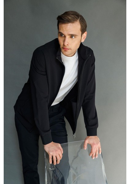 Erkek Hakim Yaka Yan Cepli Mont Siyah