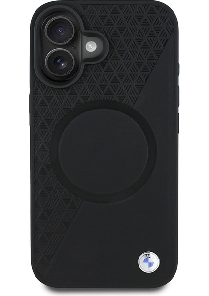 Apple iPhone 16 Kılıf Bmw Lisanslı Magsafe Uyumlu Metal Logolu Yarım Dokulu Circle Deri Kapak Siyah