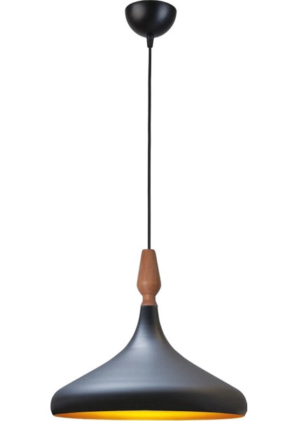 Nil Modern Tasarım Ahşap Detaylı Metal Cafe - Mutfak Siyah Renk Tekli Avize (35 Cm)