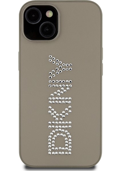 Apple iPhone 14 Kılıf Lisanslı Taşlı Yazılı Metalik Rhinestones Pu Deri Kapak Kahverengi
