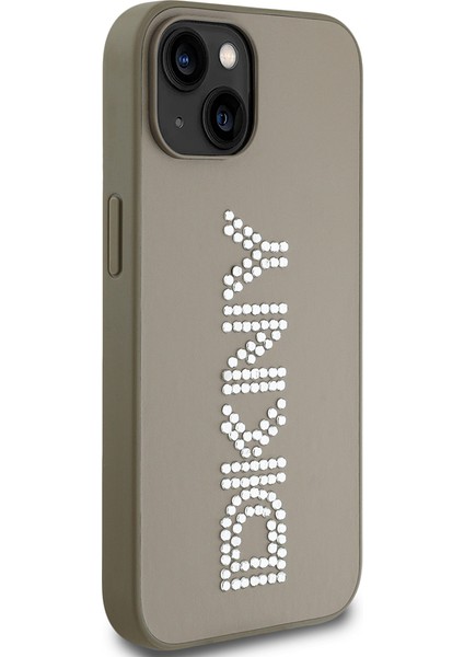 Apple iPhone 14 Kılıf Lisanslı Taşlı Yazılı Metalik Rhinestones Pu Deri Kapak Kahverengi modelleri