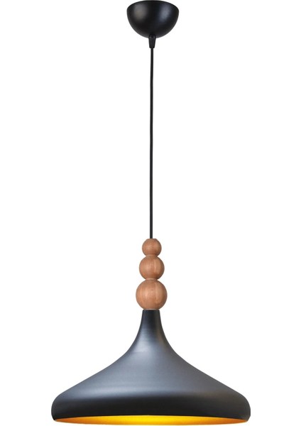 Nil Modern Tasarım Ahşap Detaylı Metal Cafe - Mutfak Siyah Renk Tekli Avize (35 Cm)