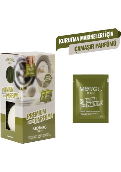 Metsgo Premium Dryer Parfüm Silkwave – 12 x 3 ml Şase + 1 Yün Kurutma Topu – Çamaşır Kurutma Makinesi Için