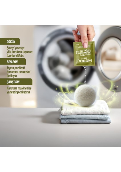 Metsgo Premium Dryer Parfüm Silkwave – 12 x 3 ml Şase + 1 Yün Kurutma Topu – Çamaşır Kurutma Makinesi Için