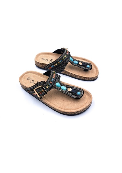 G25Y102 Boncuk ve Taş Detaylı Siyah Parmak Arası Kadın Terlik