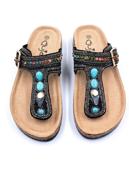 G25Y102 Boncuk ve Taş Detaylı Siyah Parmak Arası Kadın Terlik modelleri