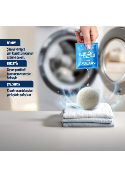 Metsgo Premium Dryer Parfüm Aqualuxe – 12 x 3 ml Şase + 1 Yün Kurutma Topu – Çamaşır Kurutma Makinesi Için