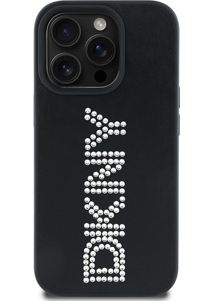 Apple iPhone 14 Pro Max Kılıf Lisanslı Taşlı Yazılı Metalik Rhinestones Pu Deri Kapak Siyah