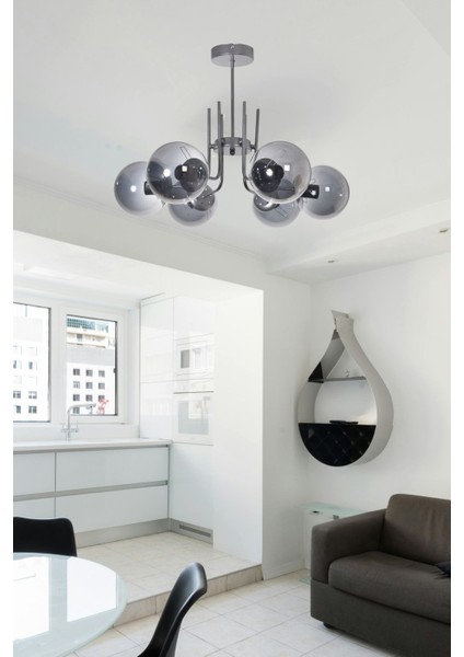 Vien Modern Tasarım Salon Yemek Odası Mutfak Gri Renk Füme Camlı Sarkıt 6 Lı Avize