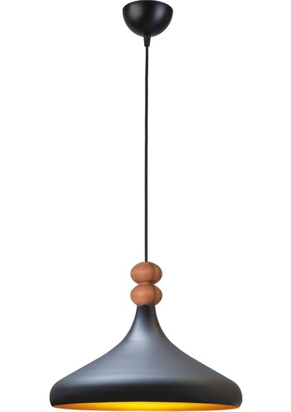 Nil Modern Tasarım Ahşap Detaylı Metal Cafe - Mutfak Siyah Renk Tekli Avize (35 Cm)