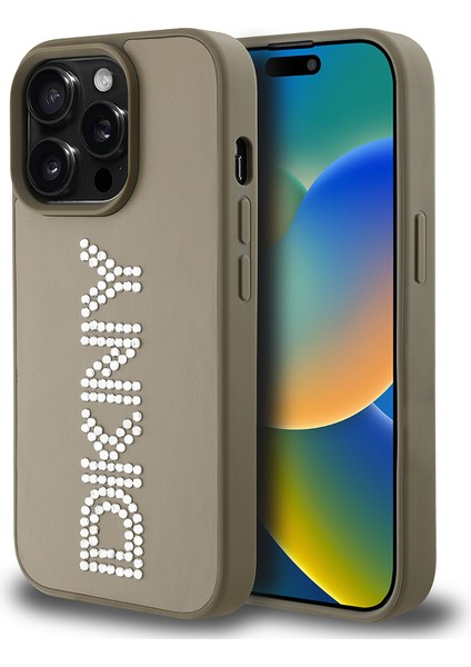 Apple iPhone 14 Pro Max Kılıf Lisanslı Taşlı Yazılı Metalik Rhinestones Pu Deri Kapak Kahverengi fiyatları