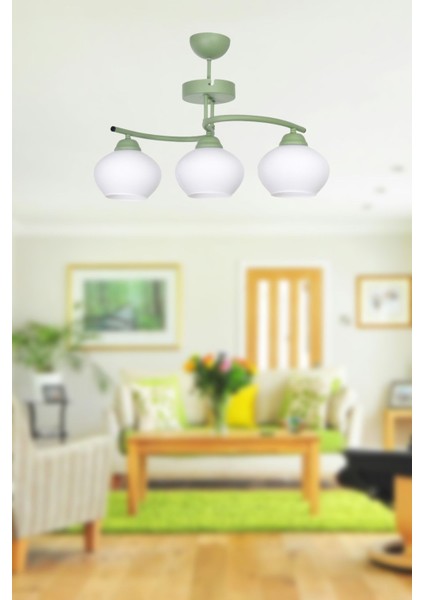 Fuji Modern Tasarım Antre Hol Mutfak Salon Çocuk Odası Yeşil Renk Beyaz Camlı 3 Lü Avize