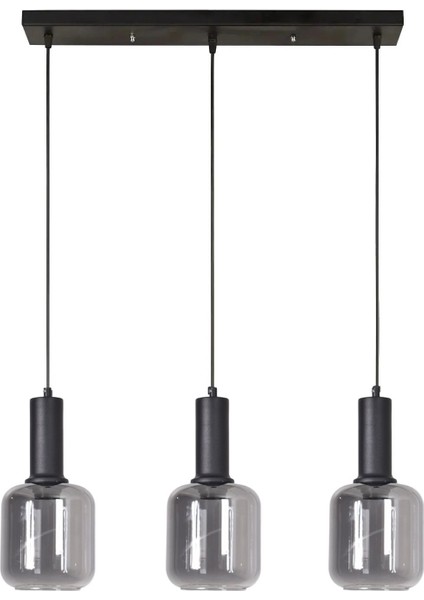 Tanem Modern Tasarım Salon Mutfak Cafe Siyah Renk Füme Camlı Sıralı 3 Lü Avize