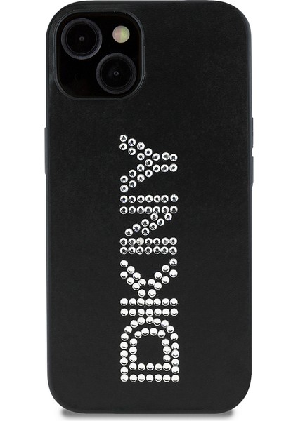 Apple iPhone 14 Kılıf Lisanslı Taşlı Yazılı Metalik Rhinestones Pu Deri Kapak Siyah