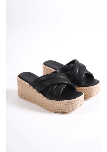 Joymıx Dolgu Topuklu Ortopedik Taban Hasır Görünümlü Kadın Terlik Kt - Siyah fırsatları